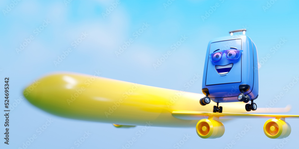 Cheerful blue luggage is flying on a plane on vacation. Mockup for creating advertising media about tourism and vacation on blue background, 3d illustration  of travel and transport concept