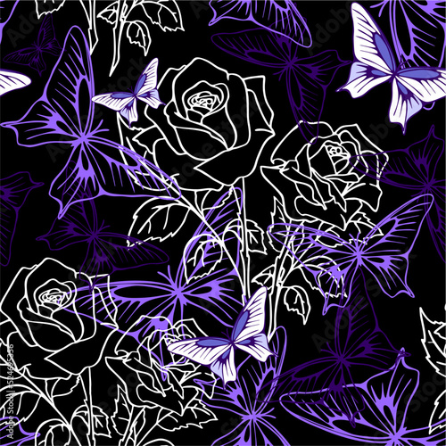 seamless pattern of white graphic roses and purple butterflies on a black background, text, design
