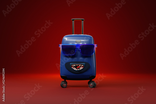 a blue suitcase with multi-colored glasses and a mouth like a monster on a red background. 3d rendering. Adventure vacation concept
