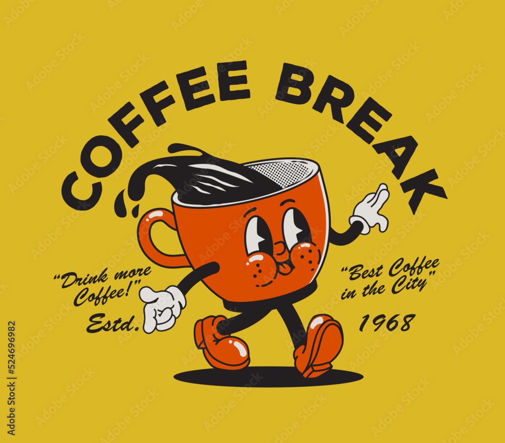 Coffee shop or cafe logo or print design with walking cup of coffee mascot and typographic composition isolated on yellow background. Vector illustration