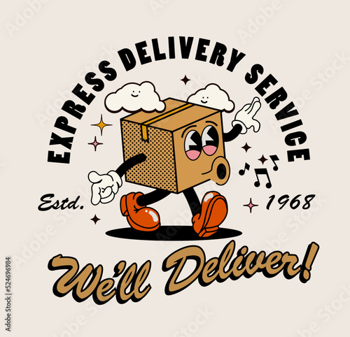 Fototapeta Naklejka Na Ścianę i Meble -  Walking retro cartoon delivery box package character as delivery service concept illustration. Vector illustration
