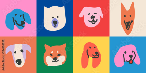 Fototapeta Naklejka Na Ścianę i Meble -  Set of funny hand drawn dogs of different breeds faces on colorful backgrounds. Vector illustration