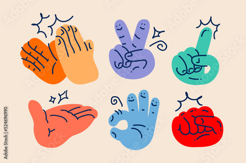 Set of colorful abstract hand drawn hand gestures doodle icons isolated on light background. Vector illustration