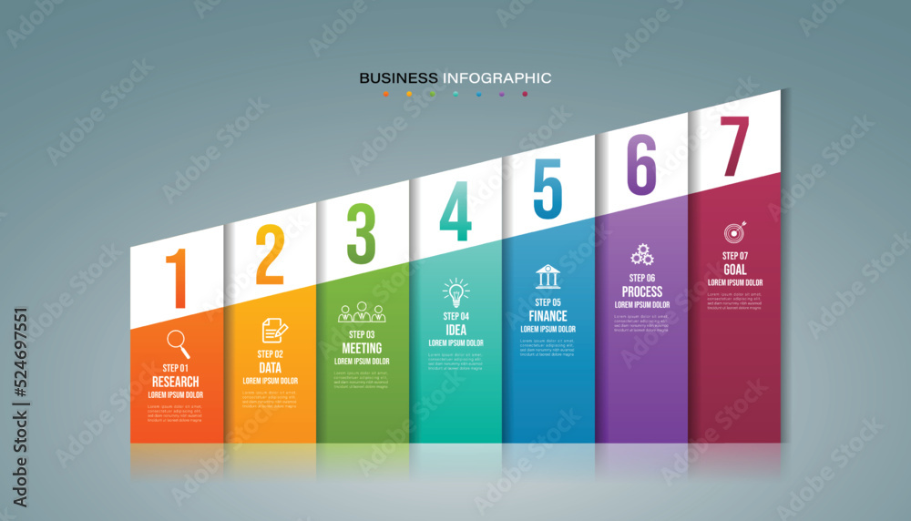 Timeline infographic design element and number options. Business concept with 7 steps. Can be used for workflow layout, diagram, Vector business template for presentation. Timeline infographic design element and number options. Business concept with 7 steps. Can be used for workflow layout, diagram, Vector business template for presentation.