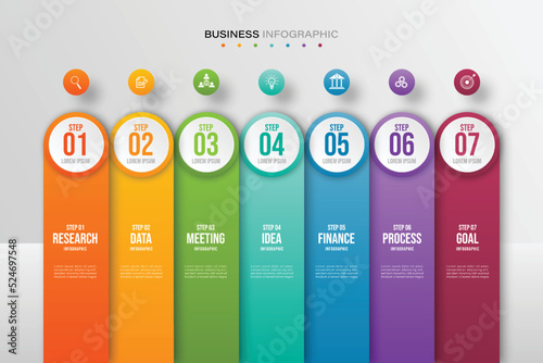 Timeline infographic design element and number options. Business concept with 7 steps. Can be used for workflow layout, diagram, Vector business template for presentation.