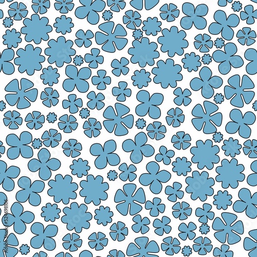 Floral seamless pattern on the white background. Blue hand drawn abstract isolated flowers with black outline. Different size monochrome flowers. Cute simple floral print.