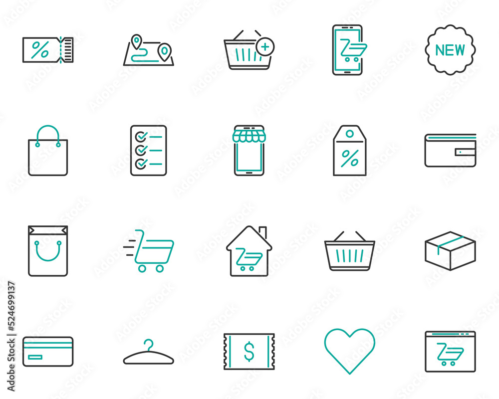 set of shopping line icons, online store