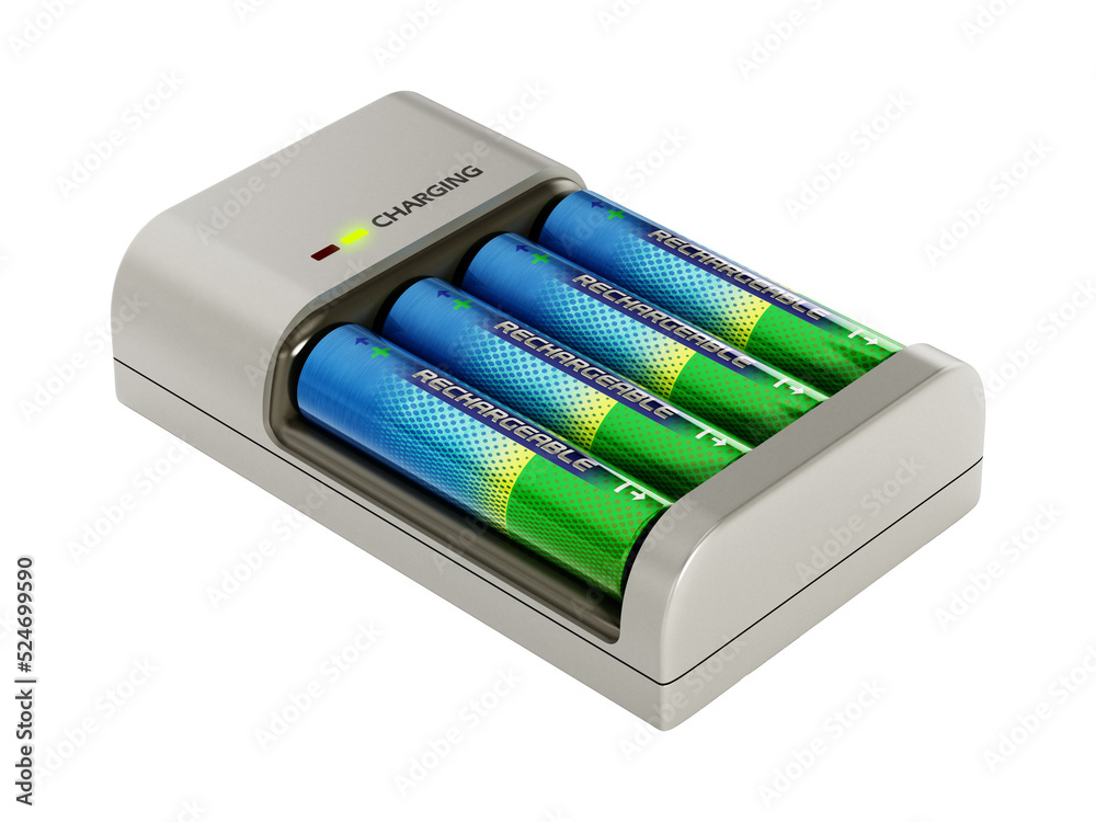AA sized rechargeable batteries inside battery charger. 3D illustration AA sized rechargeable batteries inside battery charger. 3D illustration
