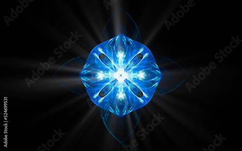 abstract illustration of a computer generated fantastic flower of various shapes and shades on a black background for use in symbology, signs for digital design and graphics