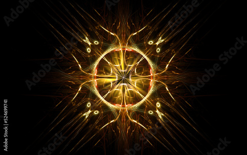 abstract illustration of a computer generated fantastic flower of various shapes and shades on a black background for use in symbology, signs for digital design and graphics