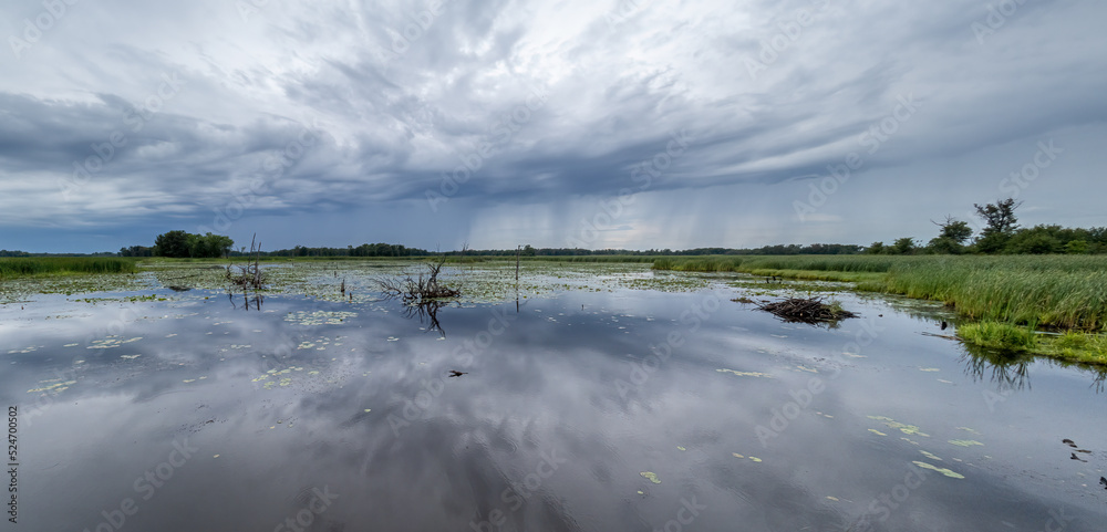 scenic landscape of stormy rain clouds reflecting on a large pond on a summer day
