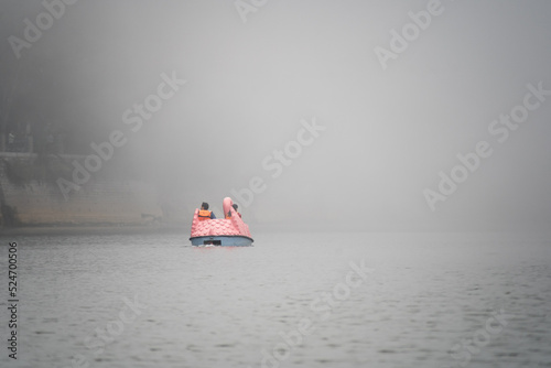 multiple varieties of colorful boats shaped like dragons, sail boats, pedal boats in fog haze clouds with colorful buildings in the background showing tourists enjoying this hill station in Nainital U photo