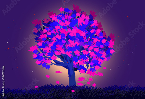 Concept of an autumn tree with pink leaves in the center, standing on blue grass. Vector illustration on a dark blue background. © AnastasiyaCreates