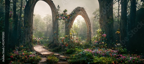 Tablou canvas Spectacular archway covered with vine in the middle of fantasy fairy tale forest landscape, misty on spring time