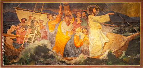 BERN, SWITZERLAND - JUNY 27, 2022: The fresco of Jesus Calms the Storm in the...
