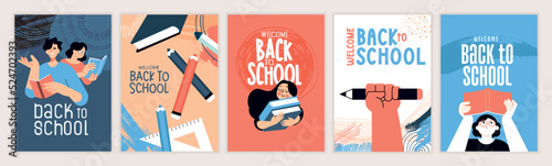 Set of back to school posters. Vector illustration concepts for graphic and web design, business presentation, marketing and print material. International education day, world book day, teachers day.