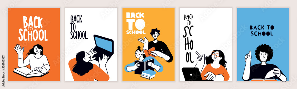 Naklejka premium Set of back to school posters. Vector illustration concepts for graphic and web design, business presentation, marketing and print material. International education day, world book day, teachers day.