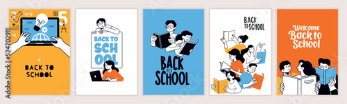 Set of back to school posters. Vector illustration concepts for graphic and web design, business presentation, marketing and print material. International education day, world book day, teachers day.