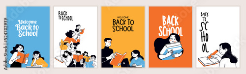 Set of back to school posters. Vector illustration concepts for graphic and web design, business presentation, marketing and print material. International education day, world book day, teachers day.