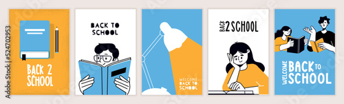 Set of back to school posters. Vector illustration concepts for graphic and web design, business presentation, marketing and print material. International education day, world book day, teachers day.