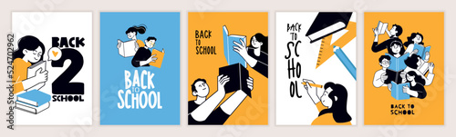Set of back to school posters. Vector illustration concepts for graphic and web design, business presentation, marketing and print material. International education day, world book day, teachers day.