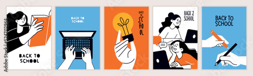 Set of back to school posters. Vector illustration concepts for graphic and web design, business presentation, marketing and print material. International education day, world book day, teachers day.
