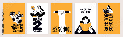 Set of back to school posters. Vector illustration concepts for graphic and web design, business presentation, marketing and print material. International education day, world book day, teachers day.
