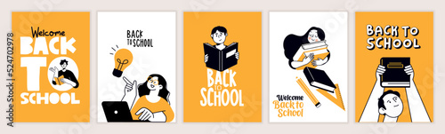 Set of back to school posters. Vector illustration concepts for graphic and web design, business presentation, marketing and print material. International education day, world book day, teachers day.