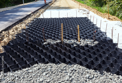 Preparation of the foundation for the road using geotextile and geogrid photo