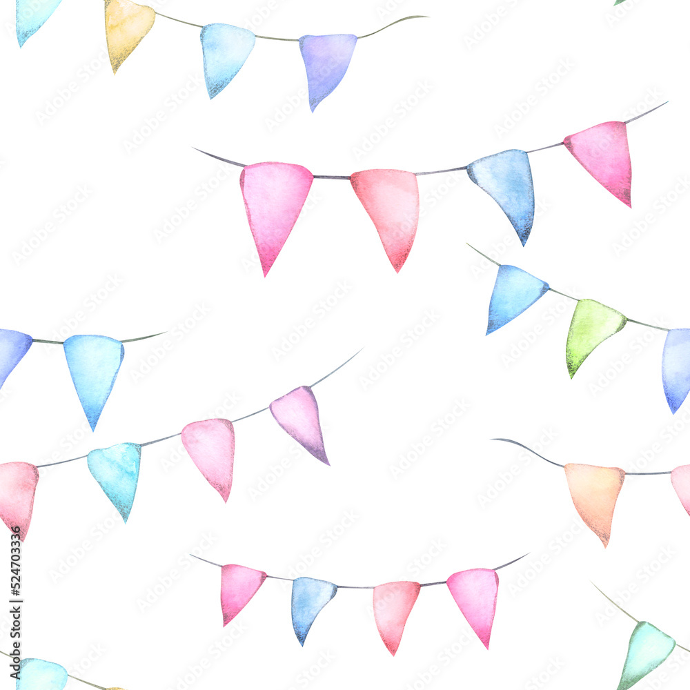 Seamless pattern with garlands of multicolored flags painted in watercolor on a white background.