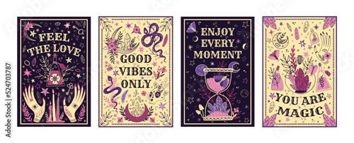 Boho good vibes. Magic garden inspiration with mystery and mystical plants, hands in trendy bohemian style. Occult cards or posters. Astrology celestial background. Vector illustration set