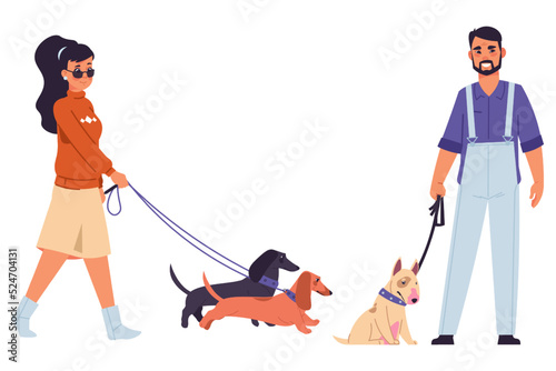 Dog owners. People walking pets outdoor. Dachshund and bull terrier. People with puppies on leashes. Man and woman in park. Domestic animals. Canine companions. Vector elements set