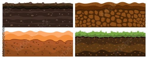 Earth ground layers, dirt soil set. Geology underground lands collection, clay under rock, archeology game backgrounds. Horizontal landscape. Desert and grass field. Vector illustration texture