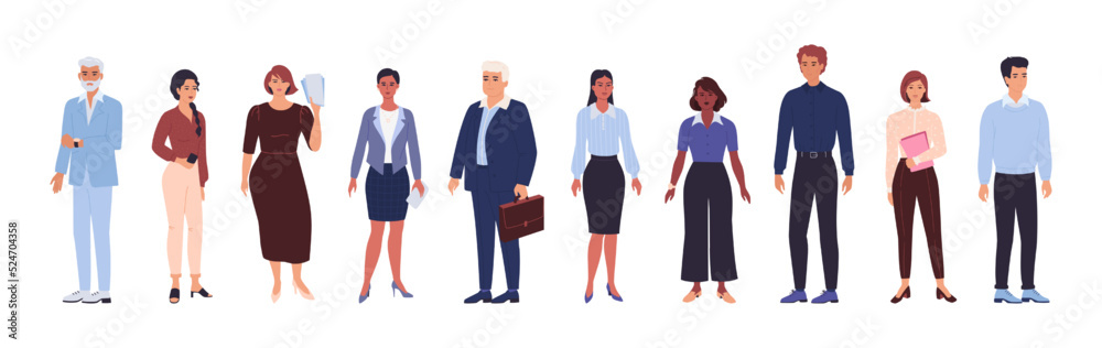 Business people. Woman and man persons. Office workers team. Employee in suit. Diverse characters set. Colleagues group. Standing managers. Corporate staff. Vector cartoon collection