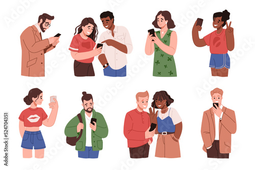 People with mobile phones. Device messenger. Sad man holding smartphone. Happy woman with gadgets. Online app. Angry girl read message. Couple communication. Vector chatting persons set