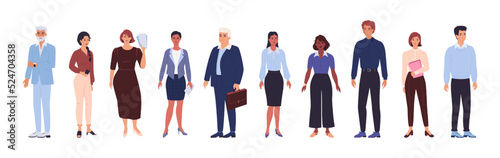 Business people. Woman and man persons. Office workers team. Employee in suit. Diverse characters set. Colleagues group. Standing managers. Corporate staff. Vector cartoon collection