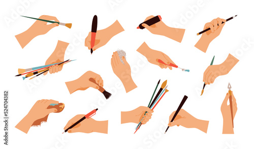 Hands holding stationery. Paint brush and palette. Draw and write. Painter arms set. Artist artwork. Paintbrush and marker in fingers. Pen supplies equipment. Vector doodle illustration