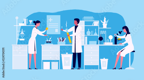 Scientist lab research. Woman and man works in chemistry laboratory, lab glass with test tubes, science or medical workers, biotechnology experiment vector cartoon flat illustration