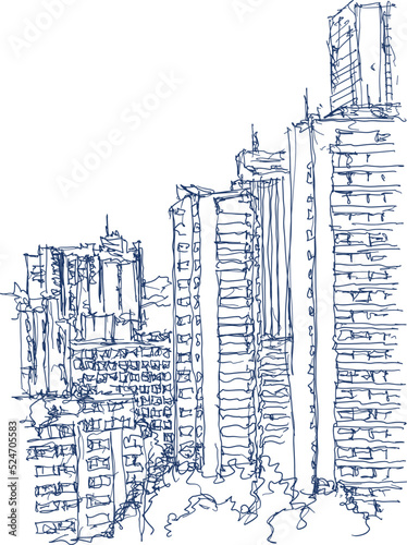 hand drawn architectural sketch of a modern abstract city architecture and skyscrapers and tall building