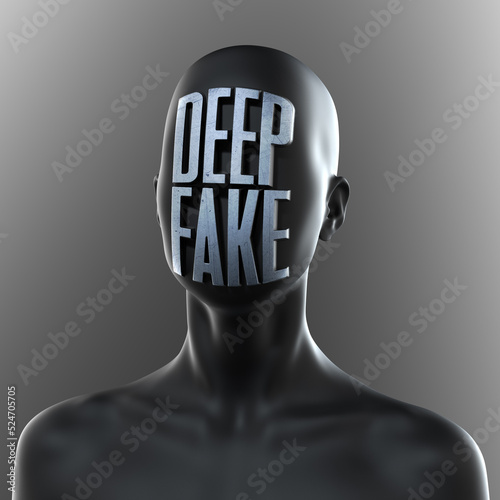 Abstract concept sculpture illustration from 3D rendering of black mat metal reflecting figure with white DEEPFAKE relief word anonymous face and isolated on background. photo