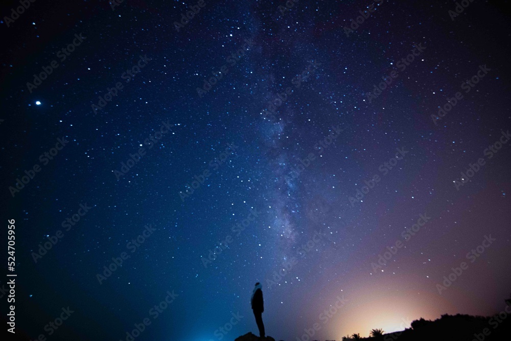 Milky Way. Night sky with stars. Space background. Astro photography in a desert nightscape with milky way galaxy. 