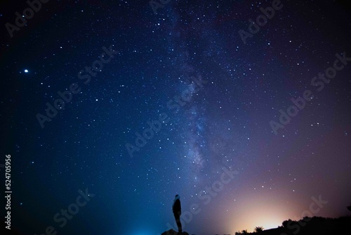 Milky Way. Night sky with stars. Space background. Astro photography in a desert nightscape with milky way galaxy. 