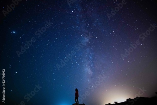 Milky Way. Night sky with stars. Space background. Astro photography in a desert nightscape with milky way galaxy. 