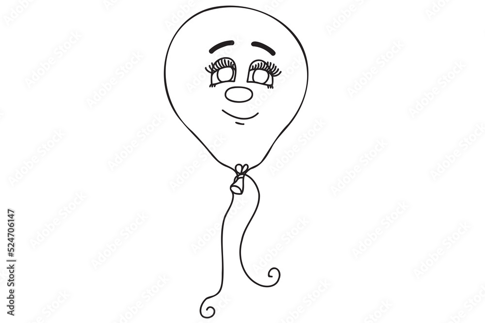 Black outline drawing of a balloon face for birthdays, coloring, cards, clothing printing and other occasions