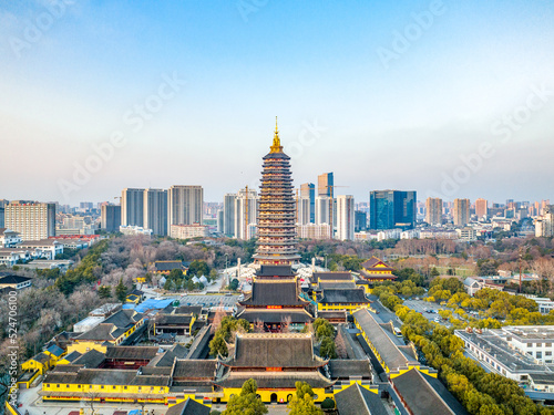 Aerial photography of Tianning Pagoda, Wenbi Pagoda, Hongmei Pavilion and Hongmei Park Scenic Spot in Changzhou City, Jiangsu Province, China photo