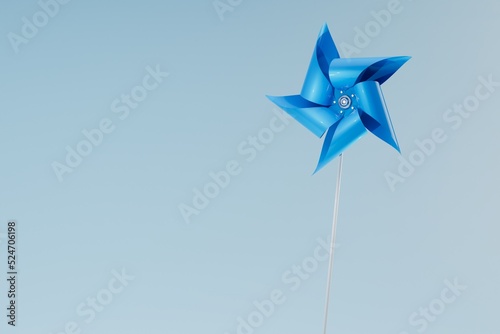 small figured windmill. ecological energy. blue windmill on a blue background. copy paste, copy space. 3d render. 3d illustration