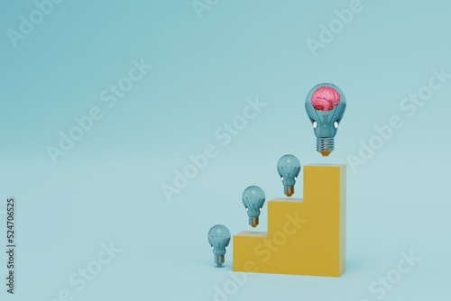 stepwise generation of ideas. podium with steps on which electric light bulbs are located. on top of a light bulb with a brain inside on a blue background. copy paste. 3d render. 3d illustration