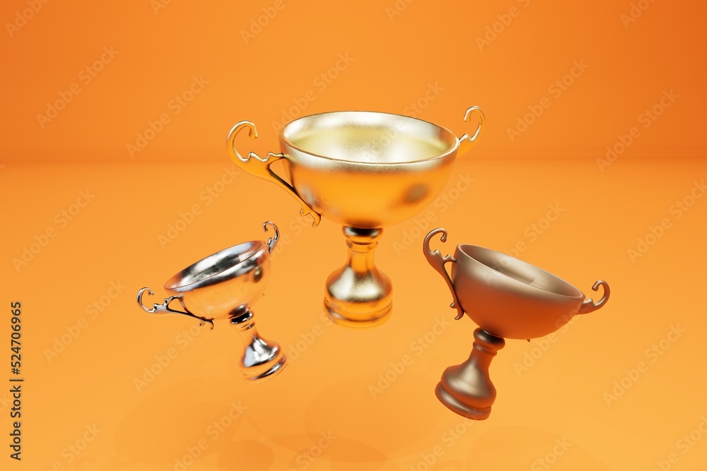 awards at sports competitions. cups for the first three places scattered on an orange background. 3d render. 3d illustration awards at sports competitions. cups for the first three places scattered on an orange background. 3d render. 3d illustration