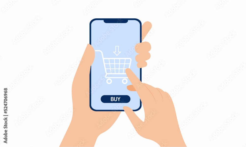 Hand holding smartphone with a buy now button on the screen. shopping cart. online shopping concept. vector illustration. Hand holding smartphone with a buy now button on the screen. shopping cart. online shopping concept. vector illustration.