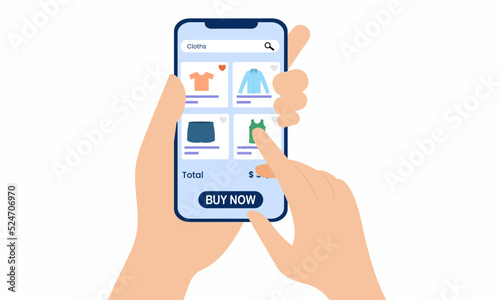 Concept of online shopping in mobile device. Woman buys clothes via phone. vector illustration.